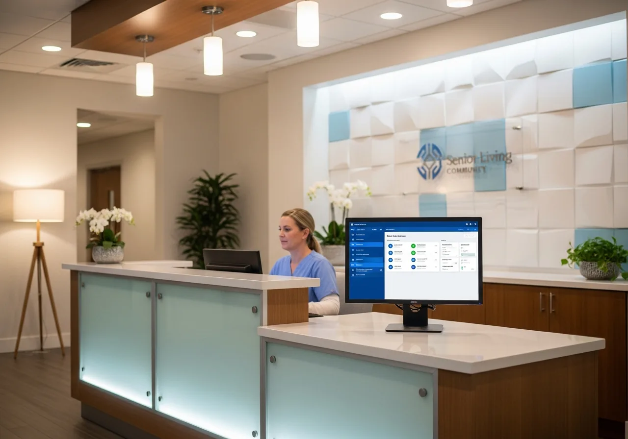Senior living staff using AI call routing software at the front desk