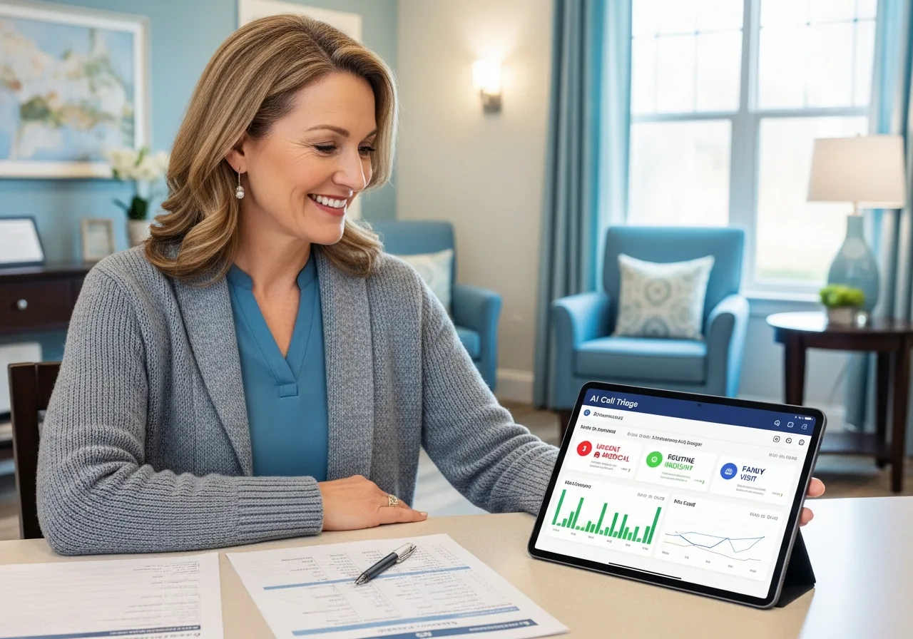 Senior living staff reviewing AI-assisted call triage dashboard