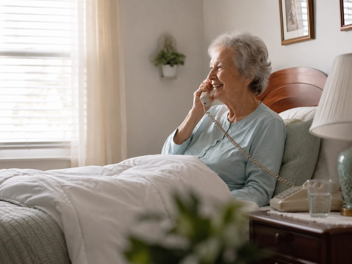 Elderly resident smiling while talking on the phone from her room in a senior living community